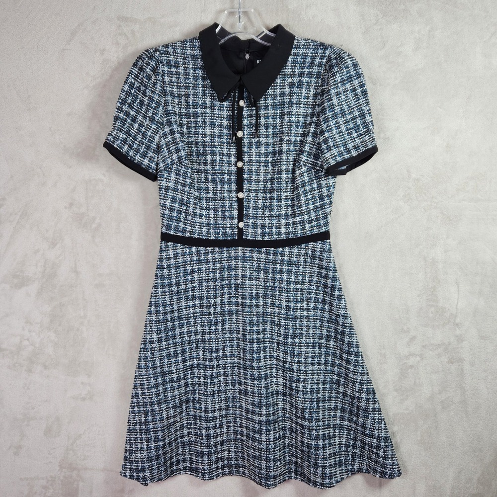 Karl Lagerfeld Tweed Dress Womens 4 Blue Collared Pearl Button Fit Flare Preppy